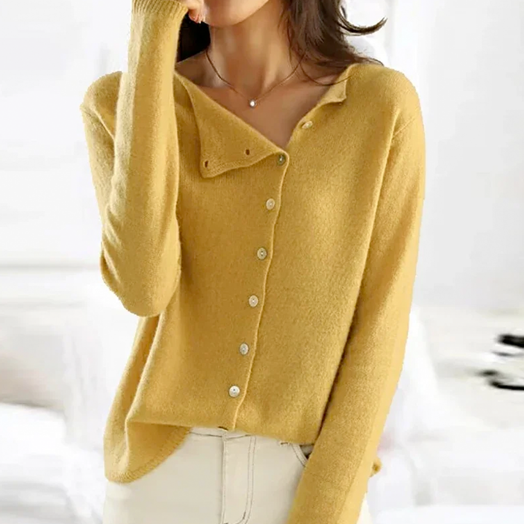 Delvyn | Women's Button-Front Cardigan Sweater — Asymmetric Neckline Knit with Pearl Buttons | Westmere