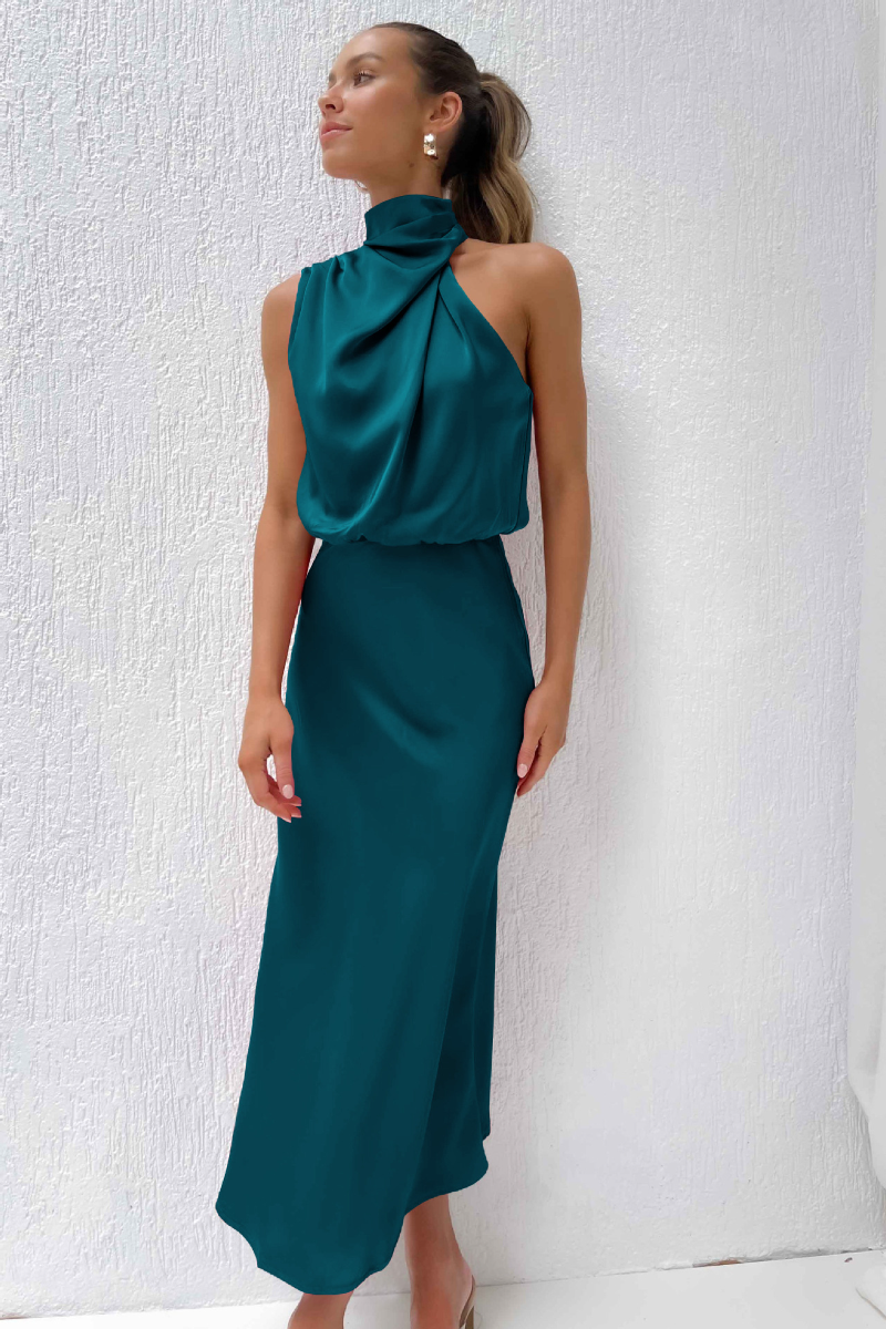 Women's Asymmetrical Neck Midi Dress – Fitted Statement Cocktail Dress