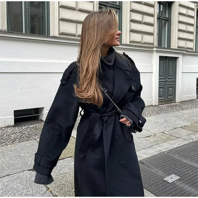 Cheri | Womens Double-Breasted Trench Coat with Belted Waist | Military Style Epaulettes, Long Length | Black S-L