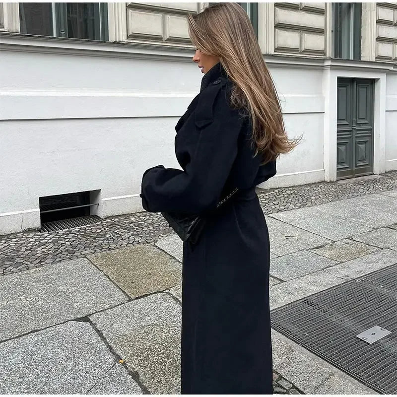 Cheri | Womens Double-Breasted Trench Coat with Belted Waist | Military Style Epaulettes, Long Length | Black S-L