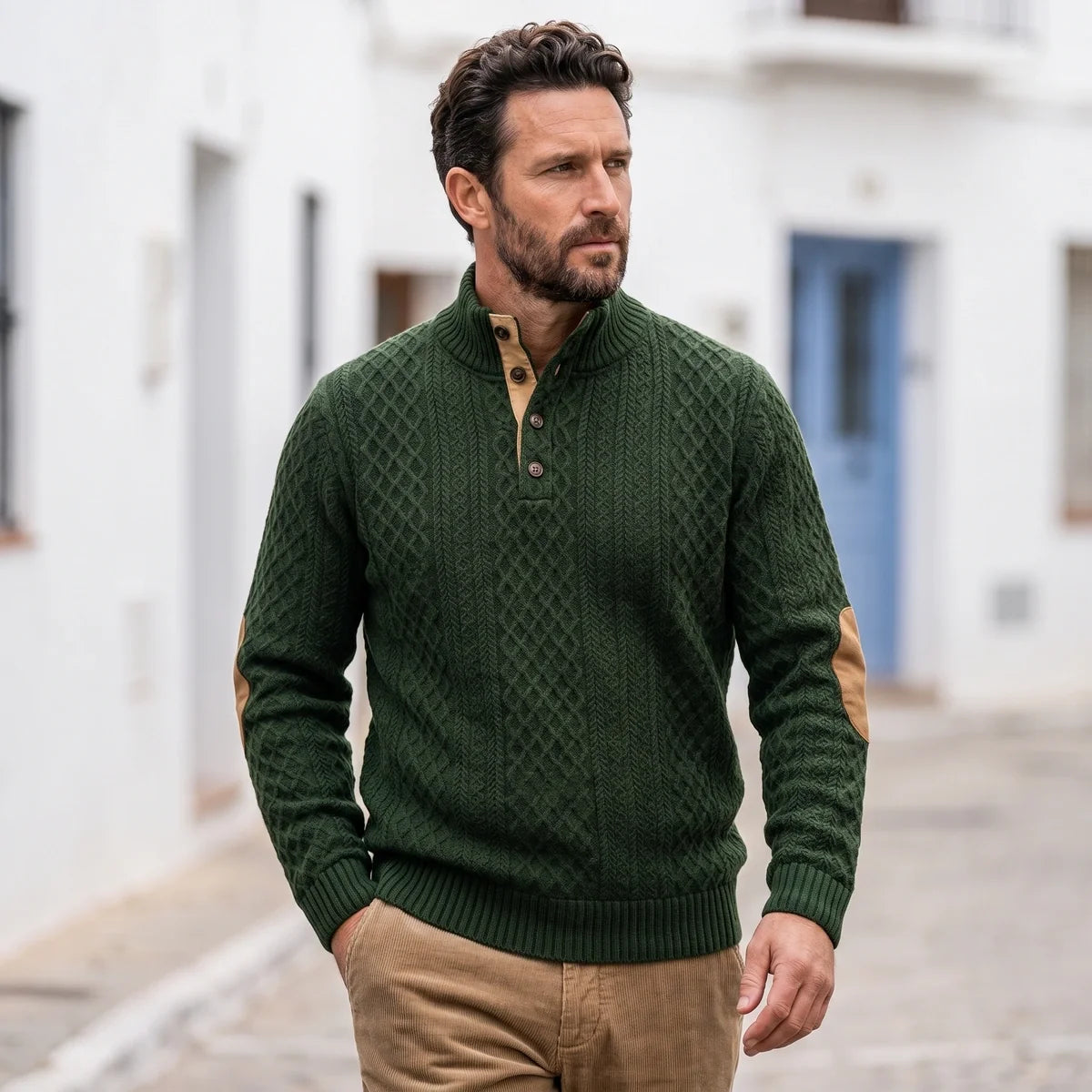 Desmondo Cable Knit Button Stand Collar Sweater
