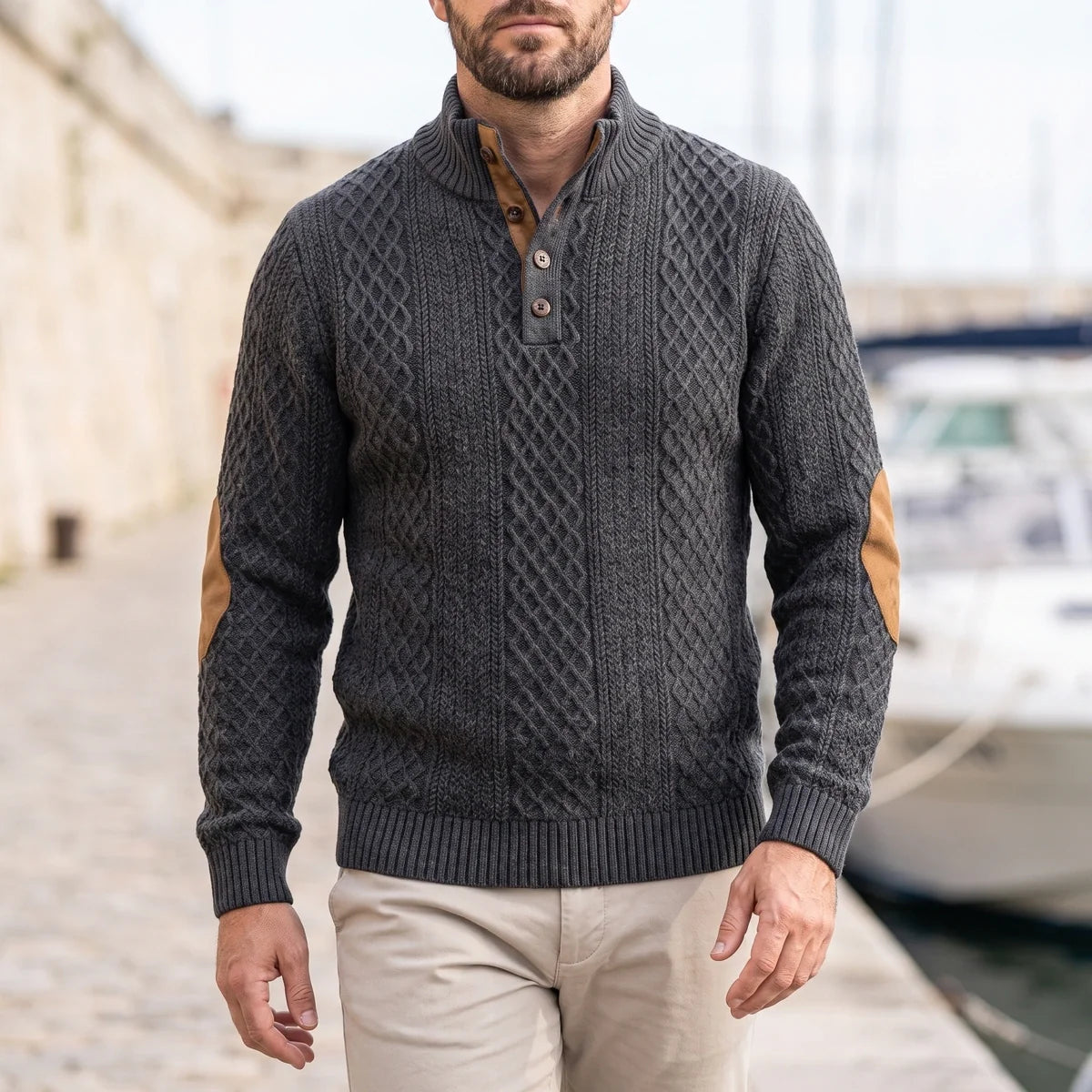 Desmondo Cable Knit Button Stand Collar Sweater