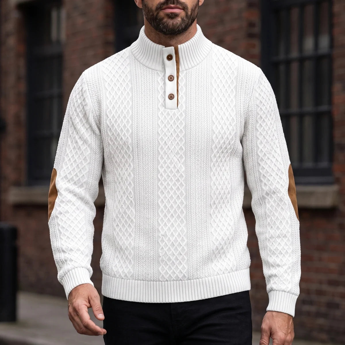 Desmondo Cable Knit Button Stand Collar Sweater
