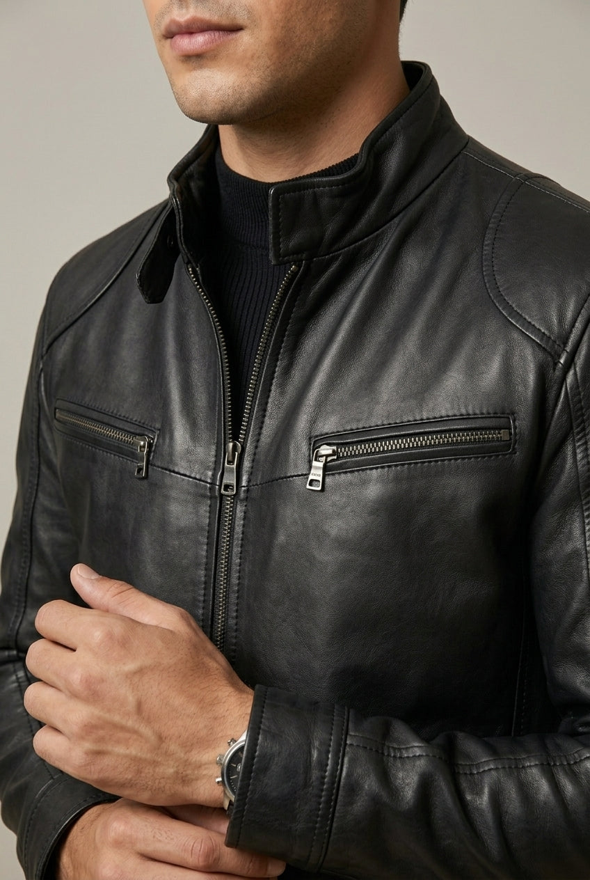 Jon | Mens Leather Jacket with Stand Collar | Quilted Shoulders, Zip Pockets, Slim Fit | Black, Camel, Red S-5XL
