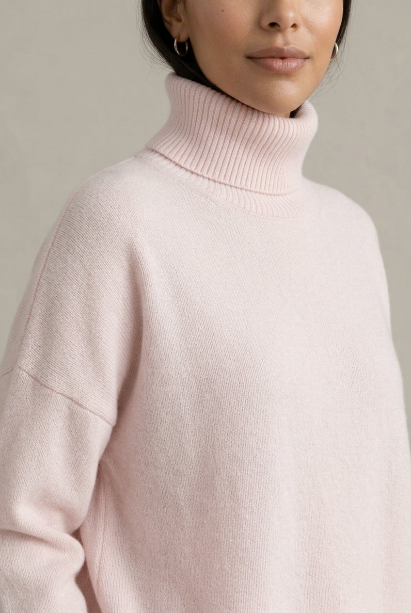 Katie | Womens Oversized Cashmere Turtleneck Sweater | Fold-Over Neck, Ribbed Trim | Pink, White and More S-4XL