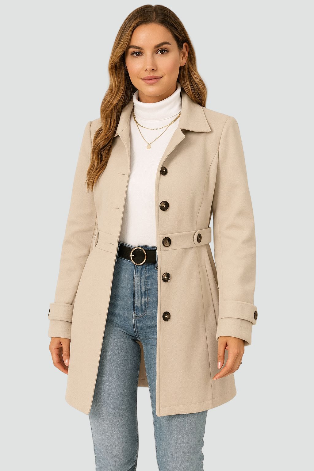 Women's Belted Trench Coat, Tailored Fit, Long Sleeves