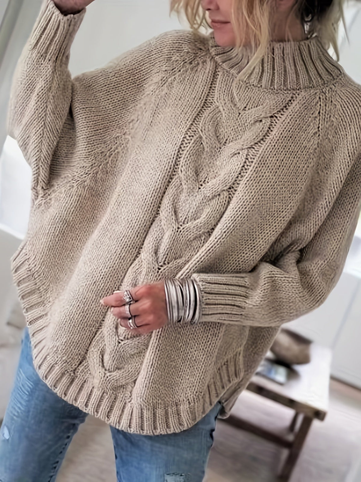 Women's Cable-Knit High-Neck Sweater Relaxed Fit
