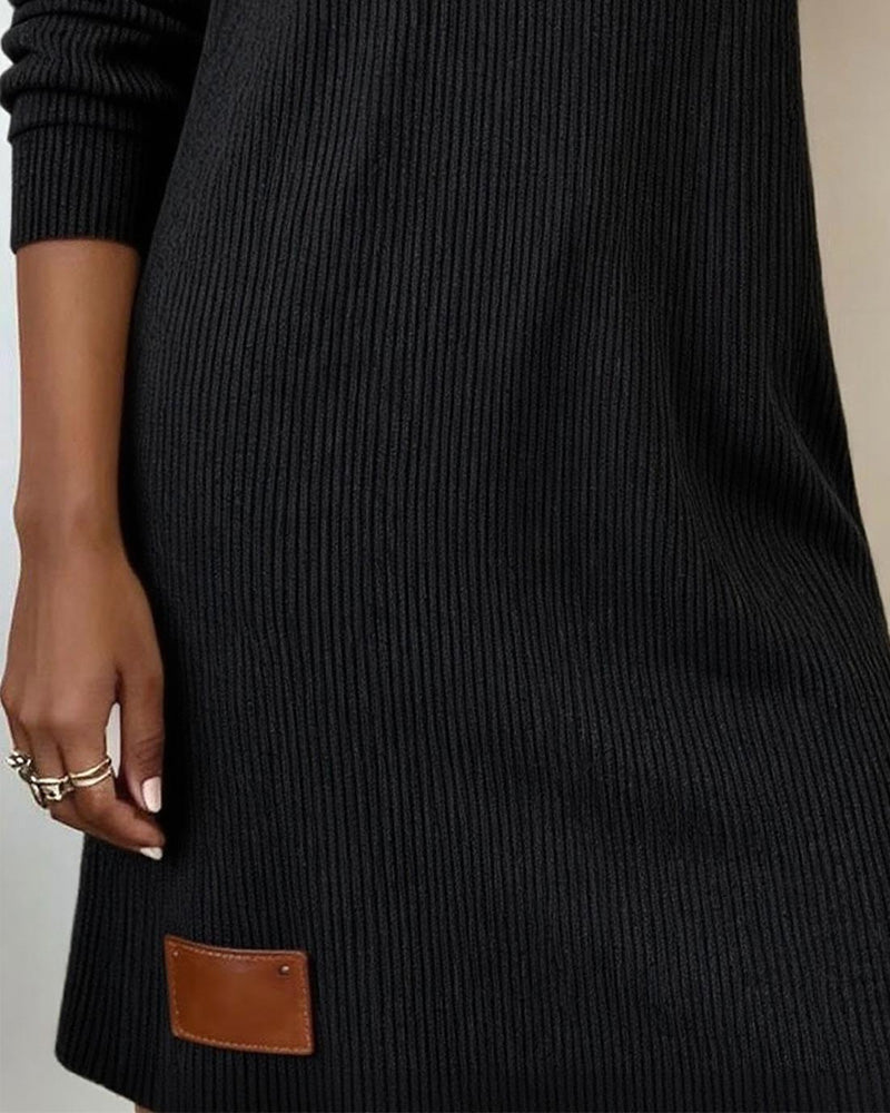 Women's Ribbed Sweater Dress with Draped Cowl Neck | Long Sleeves, Straight Cut, Above the Knee | Sizes S-2XL, 3 Colors