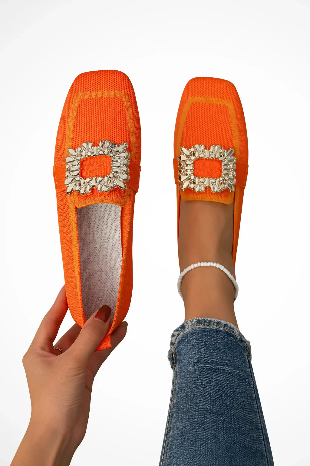 Diana | Women's Embellished Square Toe Orthopedic Slip On Loafers with Rhinestone Buckle