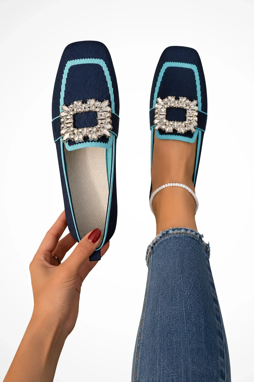 Diana | Women's Embellished Square Toe Orthopedic Slip On Loafers with Rhinestone Buckle