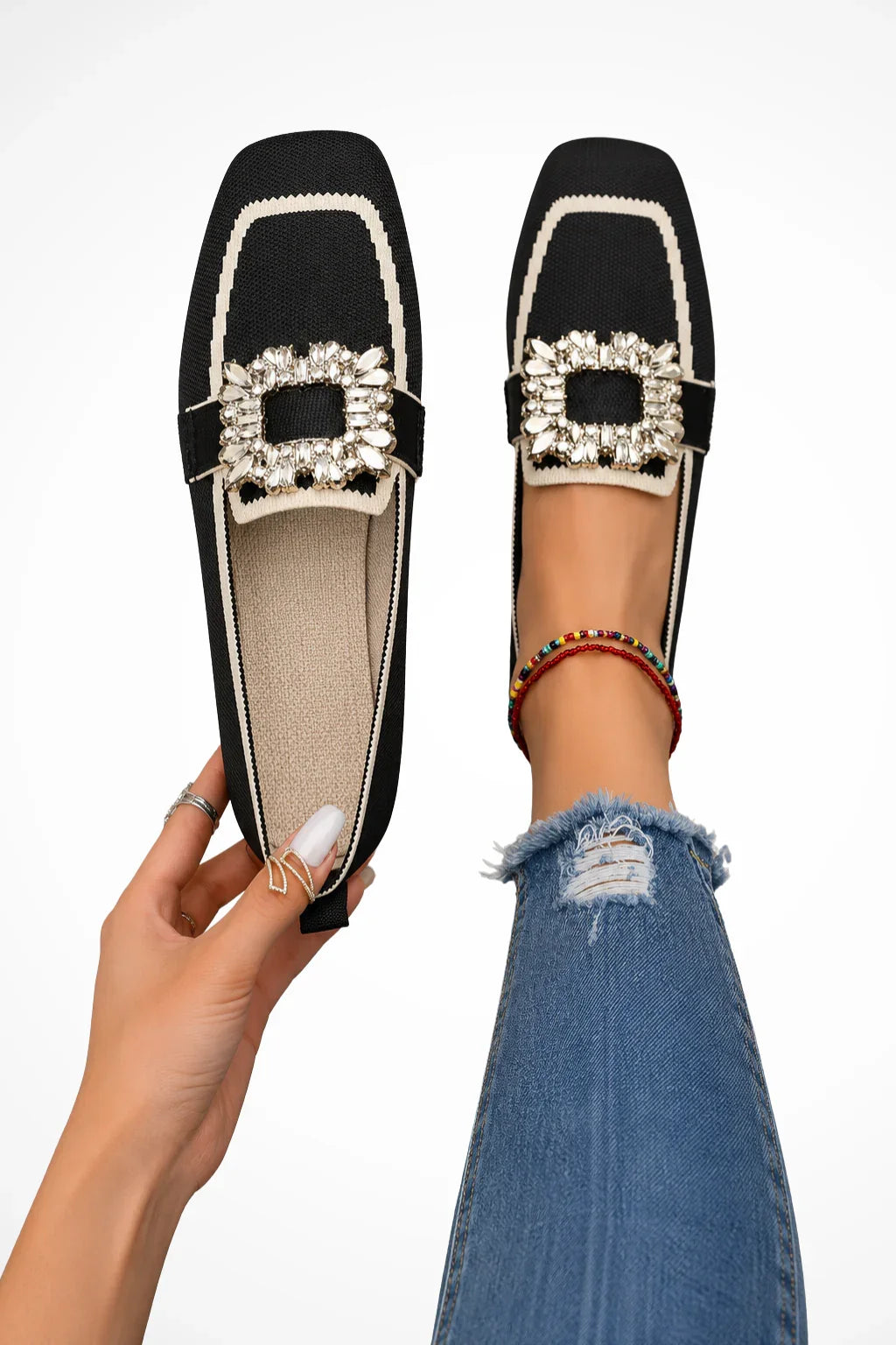 Diana | Women's Embellished Square Toe Orthopedic Slip On Loafers with Rhinestone Buckle
