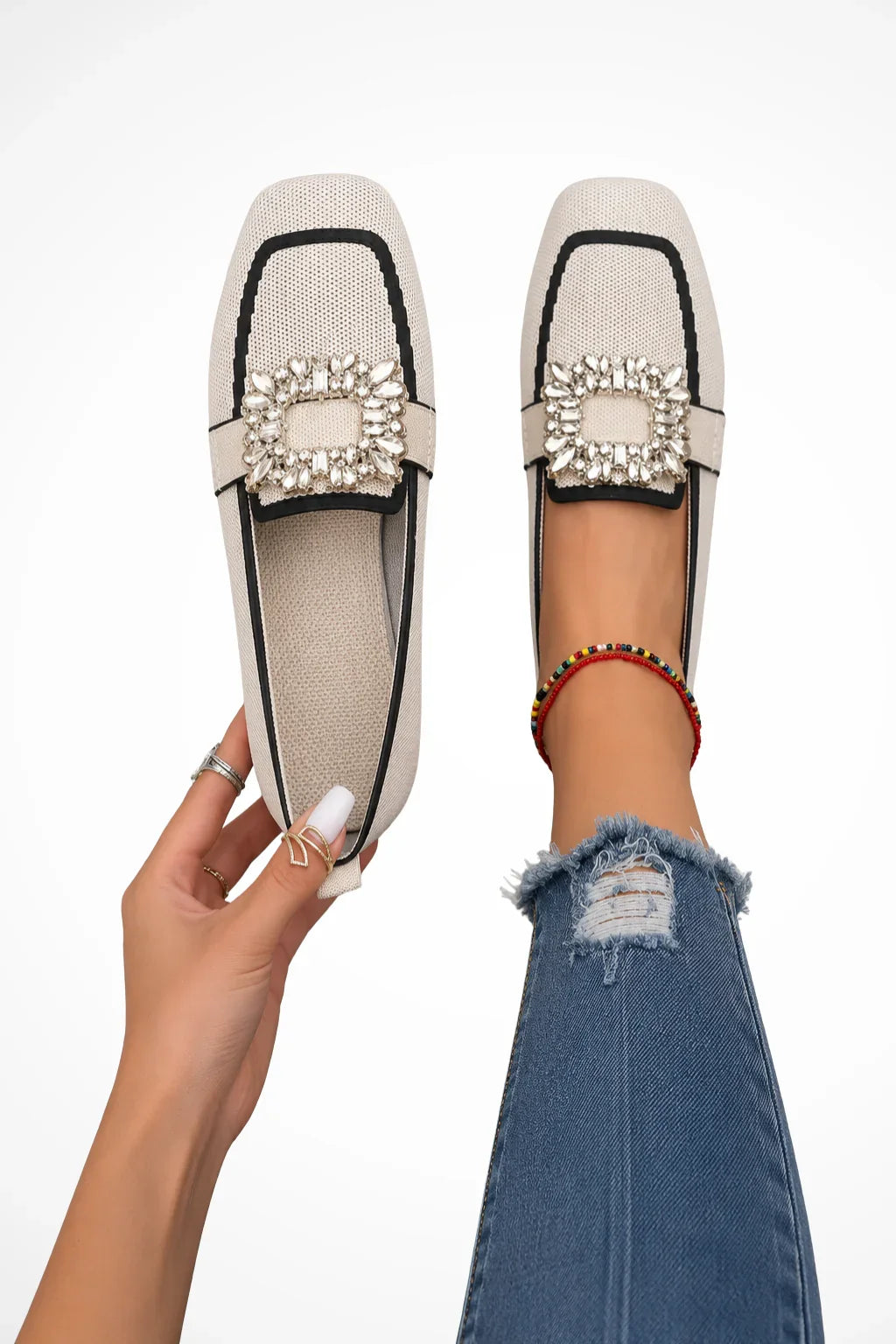 Diana | Women's Embellished Square Toe Orthopedic Slip On Loafers with Rhinestone Buckle