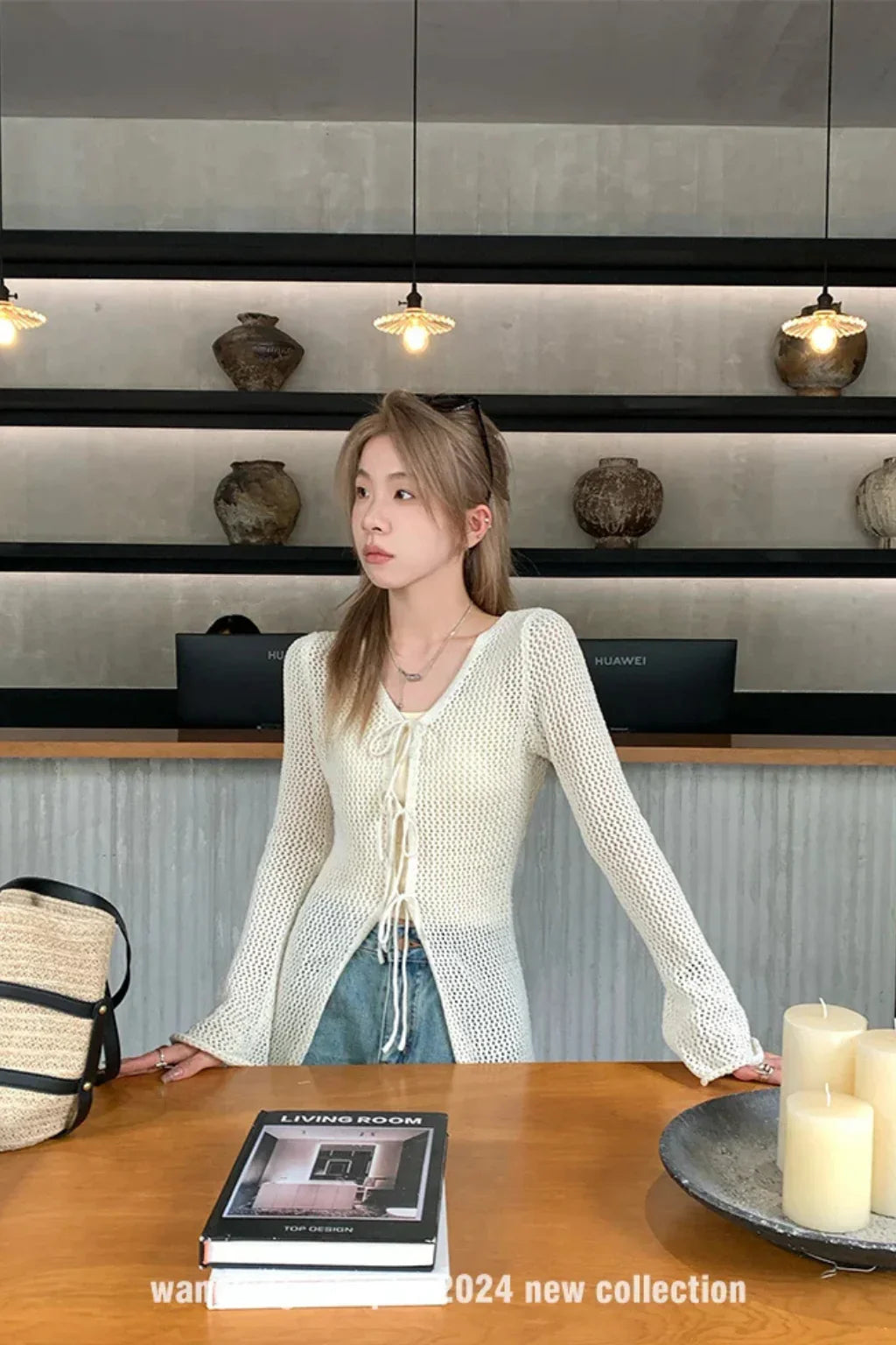 Diana | Women's Summer Lace Up Crochet Knit Bell Sleeve Cardigan with Front