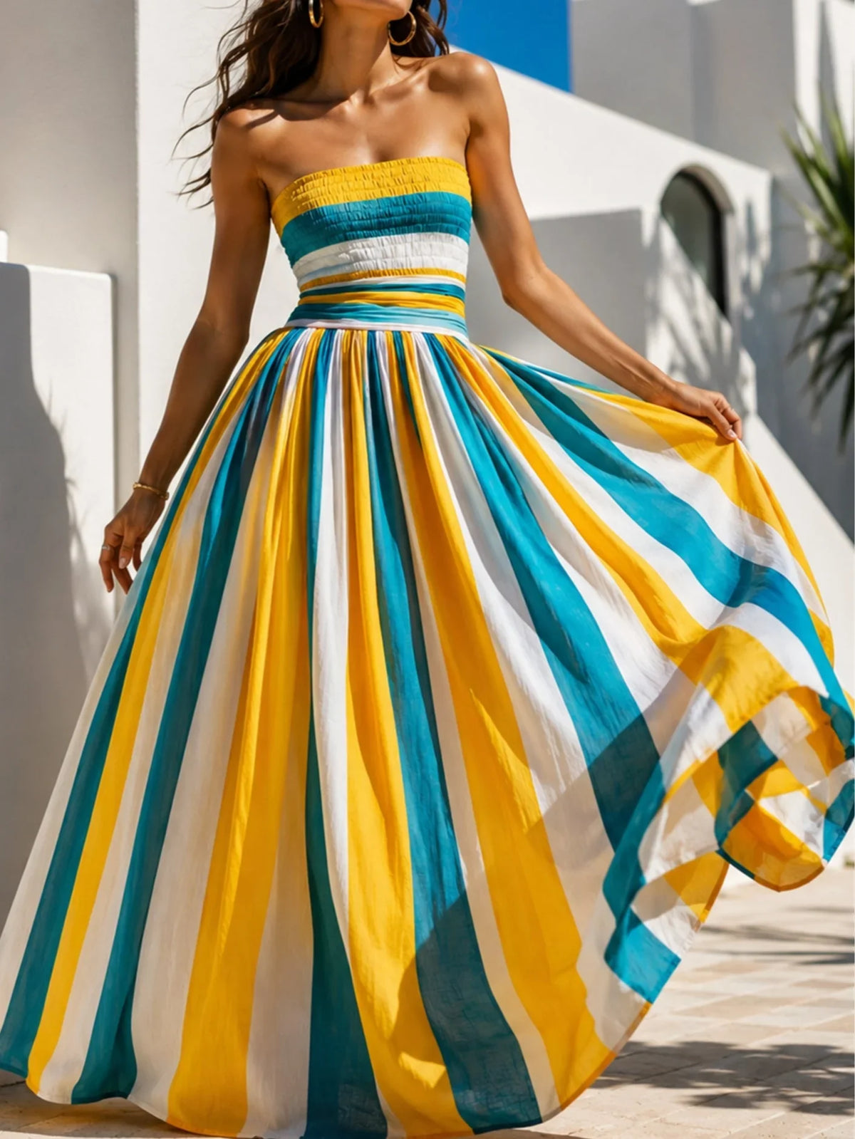 Dorothea | Strapless Smocked Striped Sundress with Bodice