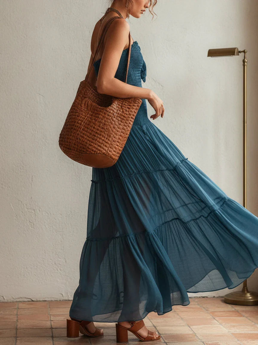 Dorothea | Tiered Blue Strapless Ruched Sundress with Tie Neckline