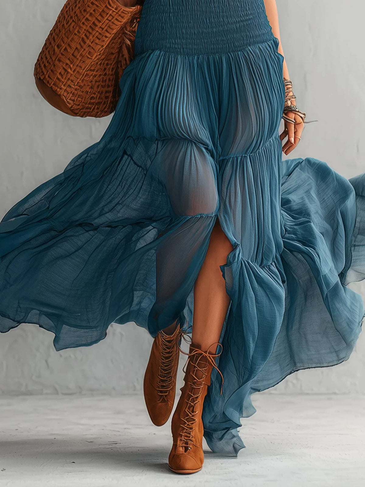 Dorothea | Tiered Blue Strapless Ruched Sundress with Tie Neckline