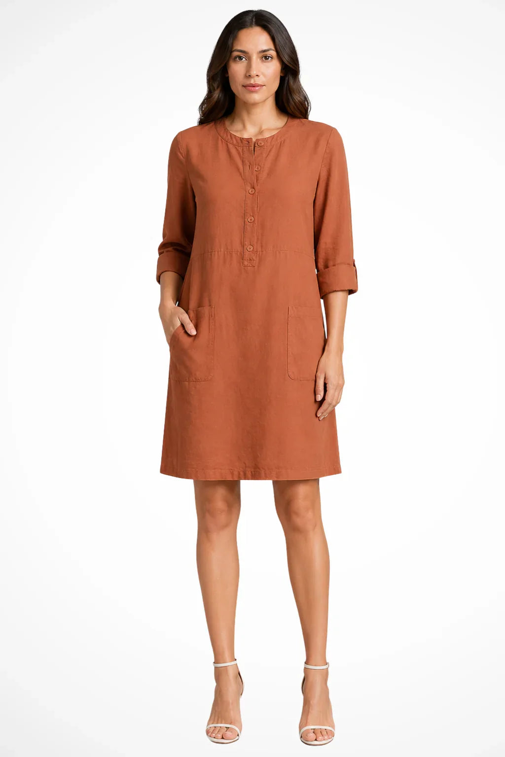 Dorothea | Women's Shirt Linen Mini Dress with Button Front and Pockets