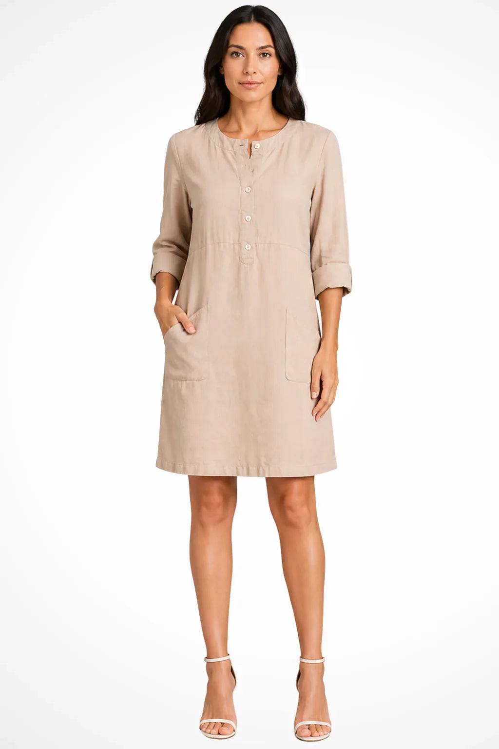 Dorothea | Women's Shirt Linen Mini Dress with Button Front and Pockets