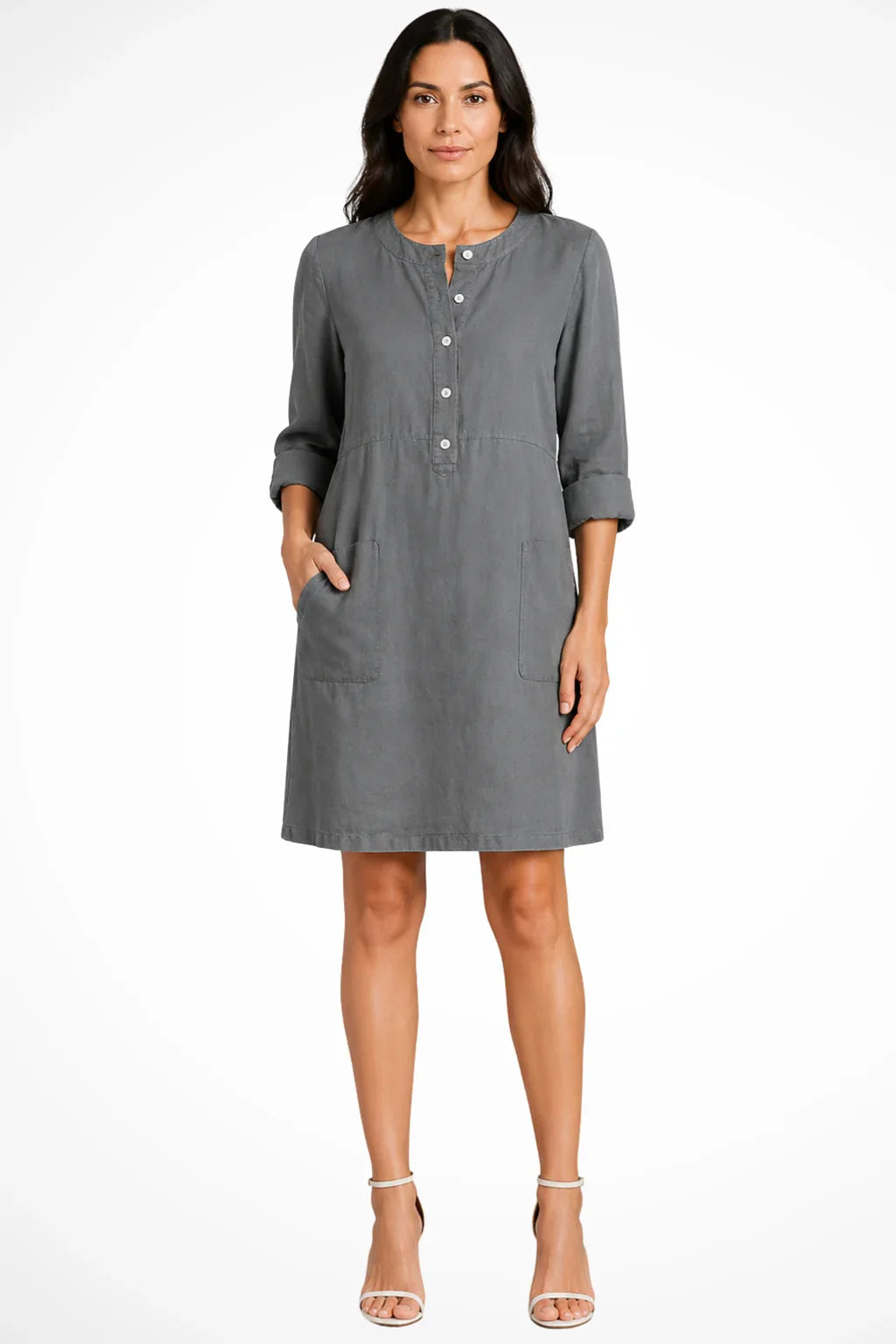 Dorothea | Women's Shirt Linen Mini Dress with Button Front and Pockets