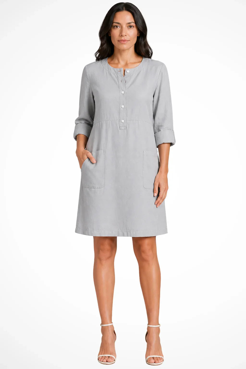 Dorothea | Women's Shirt Linen Mini Dress with Button Front and Pockets