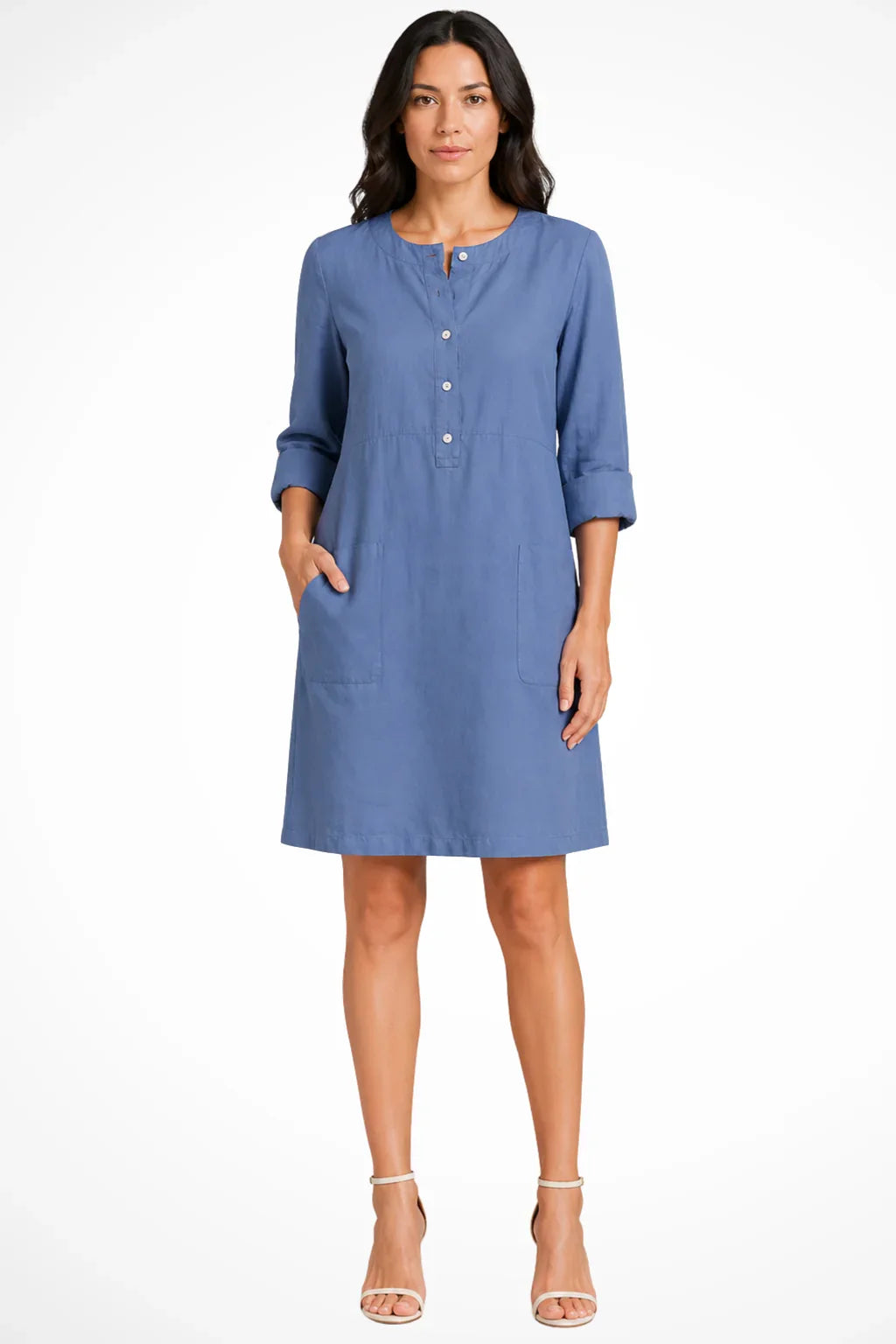 Dorothea | Women's Shirt Linen Mini Dress with Button Front and Pockets