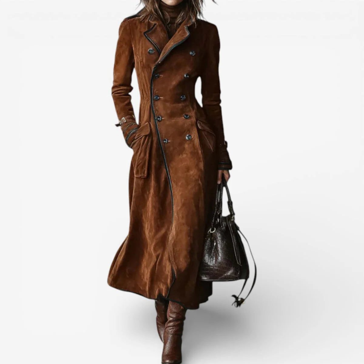 Ylenia | Suede Double-Breasted Longline Trench Coat for Women