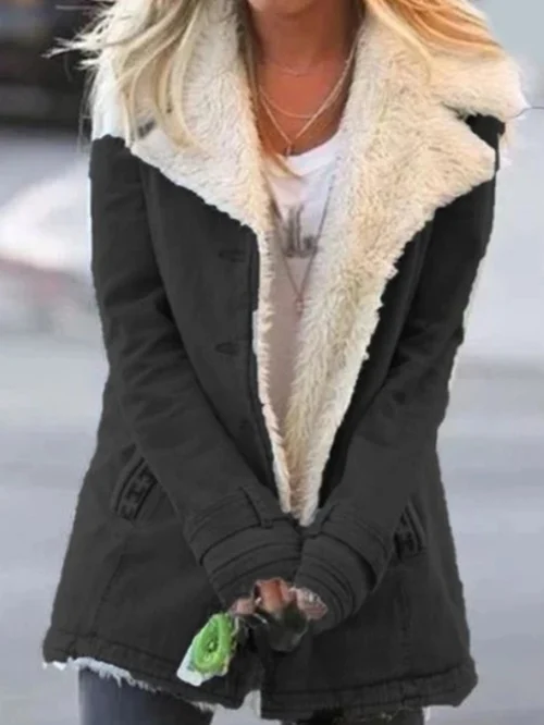 Women's Shearling Collar Winter Coat, Long Sleeves, Button Front