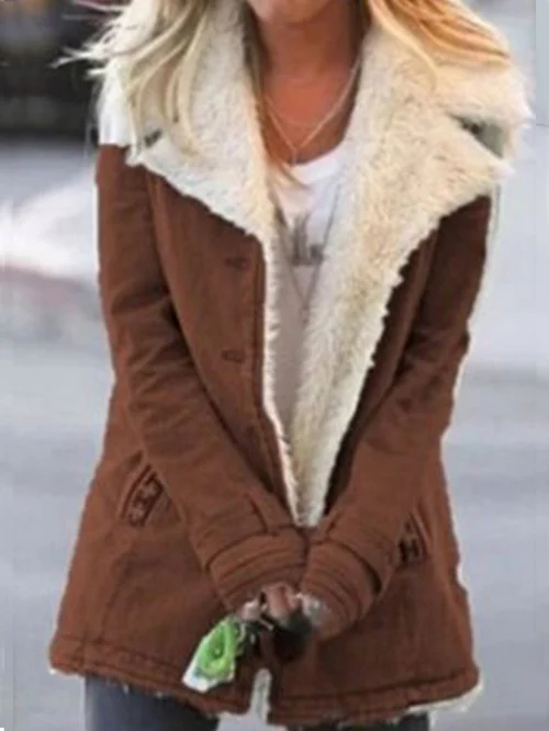 Women's Shearling Collar Winter Coat, Long Sleeves, Button Front