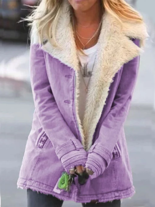 Women's Shearling Collar Winter Coat, Long Sleeves, Button Front