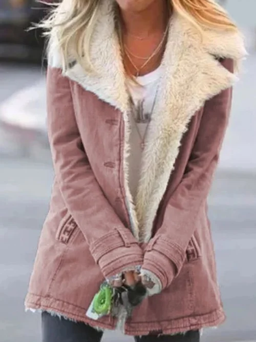 Women's Shearling Collar Winter Coat, Long Sleeves, Button Front