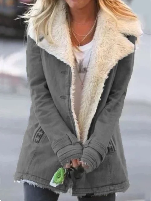 Women's Shearling Collar Winter Coat, Long Sleeves, Button Front