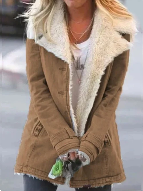 Women's Shearling Collar Winter Coat, Long Sleeves, Button Front
