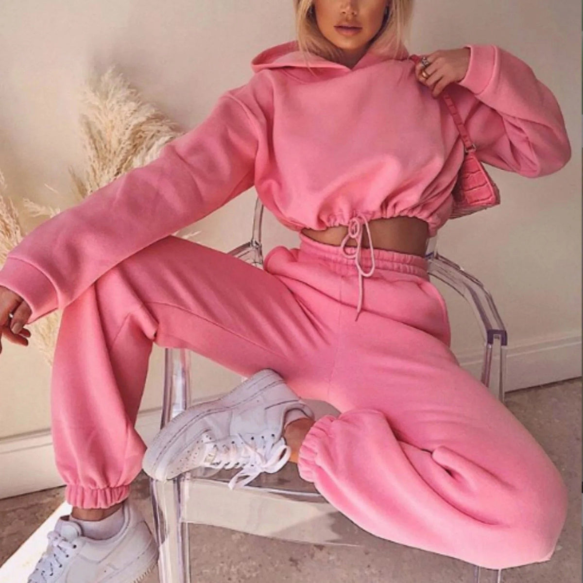 Women's Cropped Hoodie Joggers Set with Drawstring