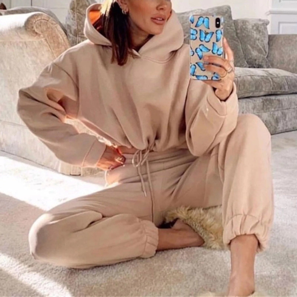 Women's Cropped Hoodie Joggers Set with Drawstring
