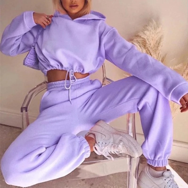 Women's Cropped Hoodie Joggers Set with Drawstring