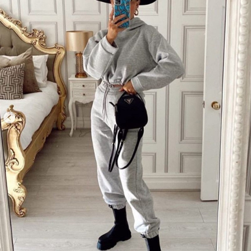 Women's Cropped Hoodie Joggers Set with Drawstring