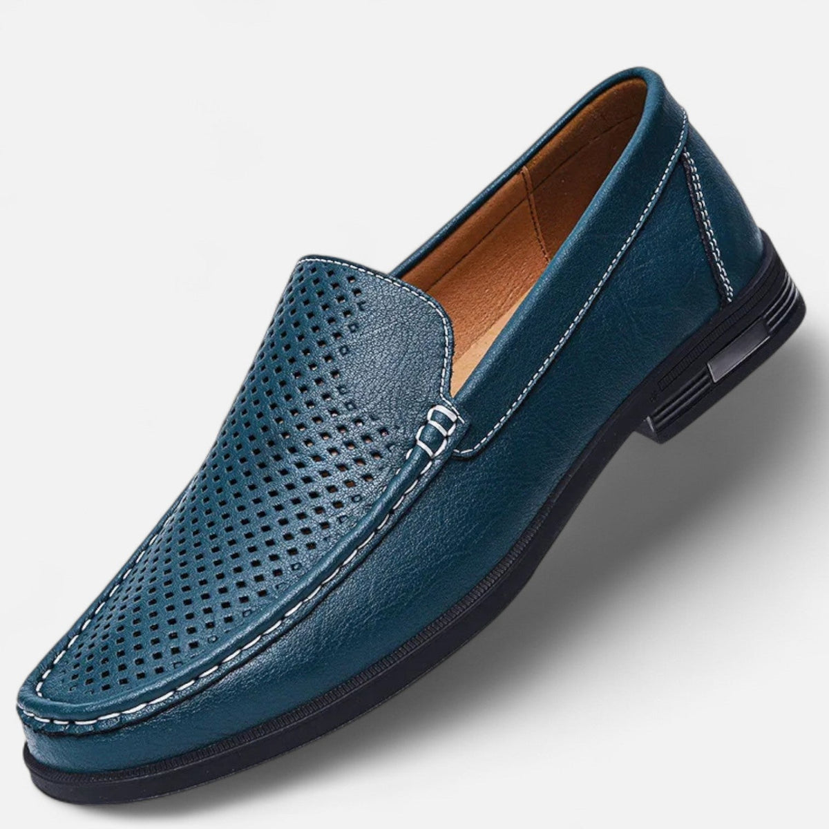 Men's Perforated Slip-On Loafers, Stitched Trim, Flat Sole