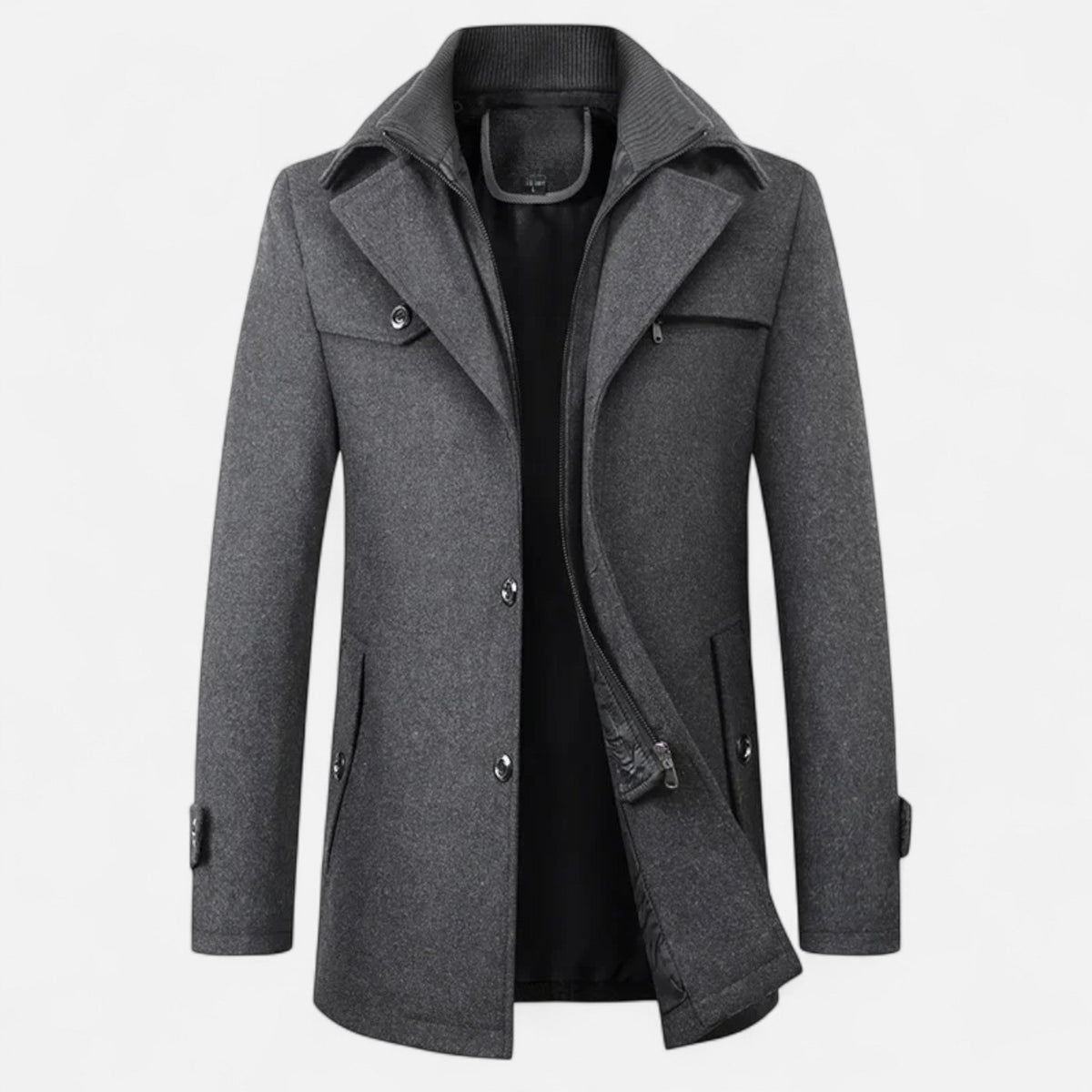 Men's Long Coat, Stand Collar, Zip And Button Front