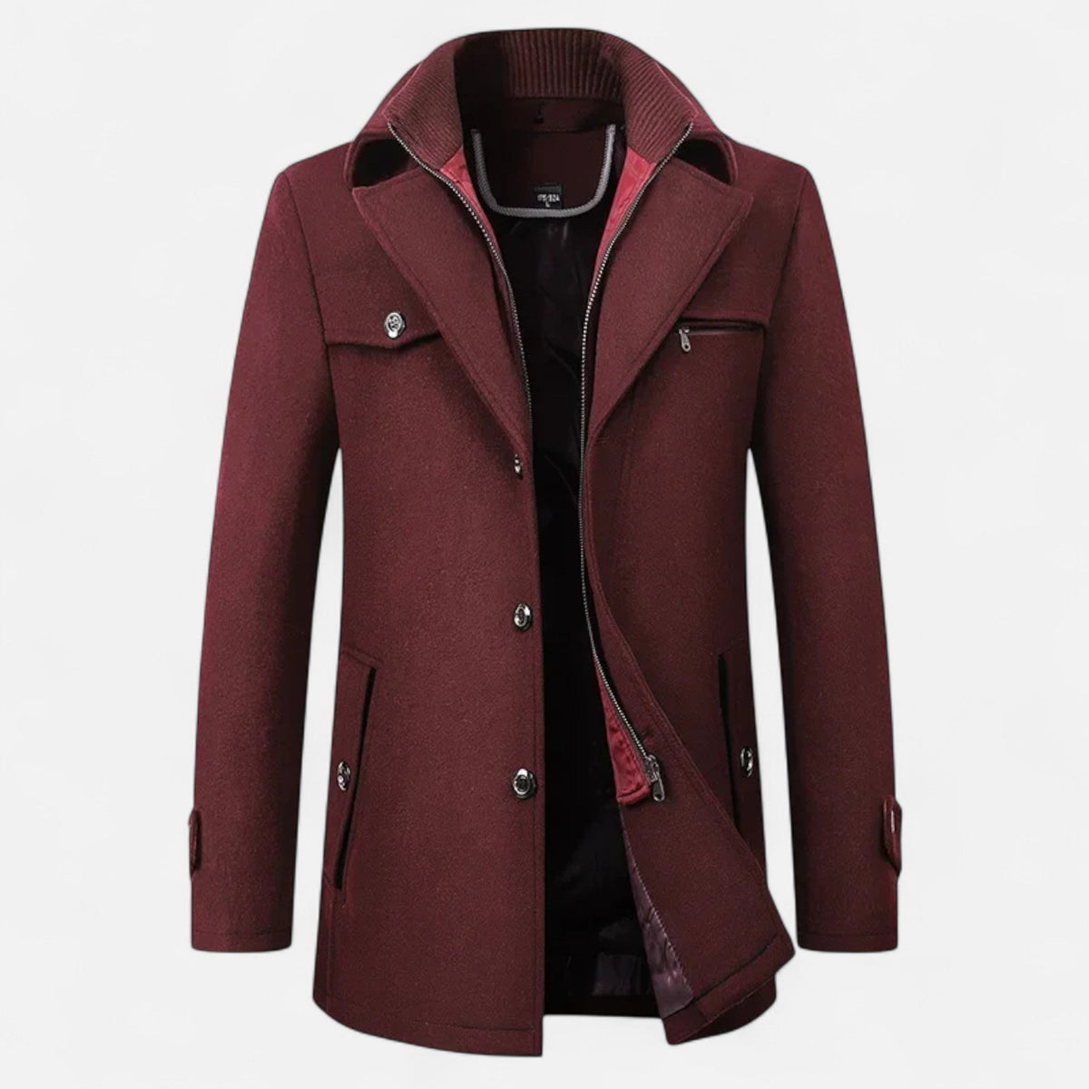 Men's Long Coat, Stand Collar, Zip And Button Front