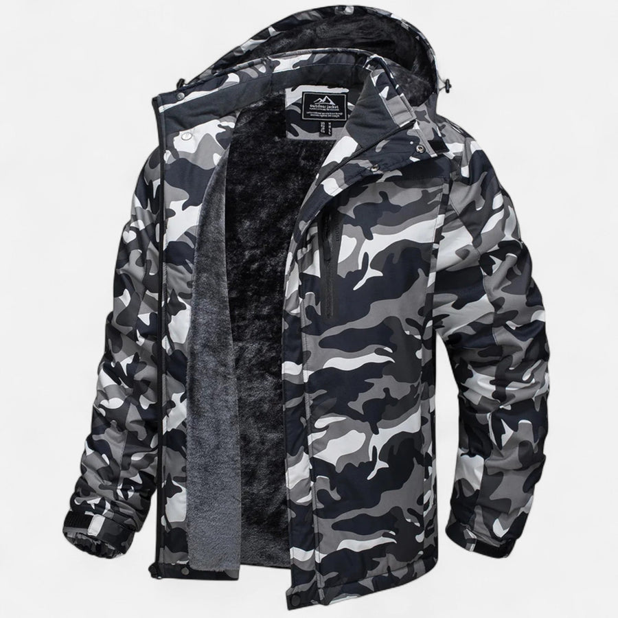 Men's Hooded Winter Parka Jacket, Fleece Lining, Camo Pattern