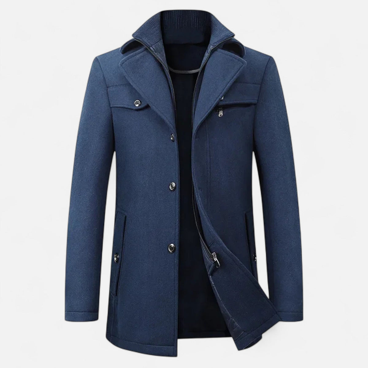 Men's Long Coat, Stand Collar, Zip And Button Front