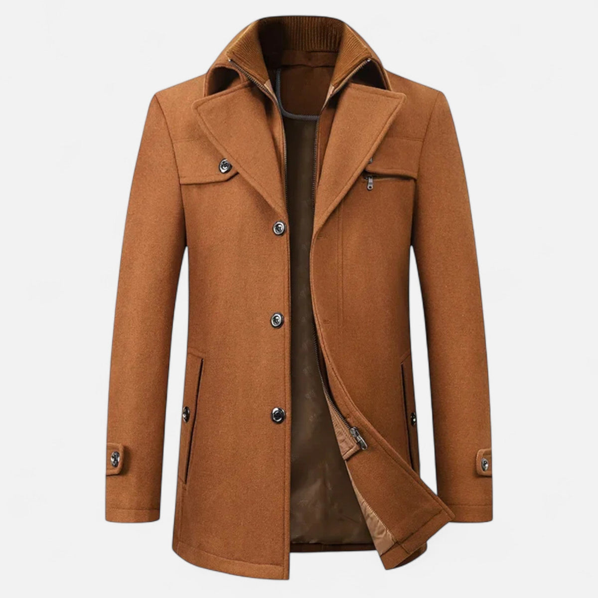 Men's Long Coat, Stand Collar, Zip And Button Front