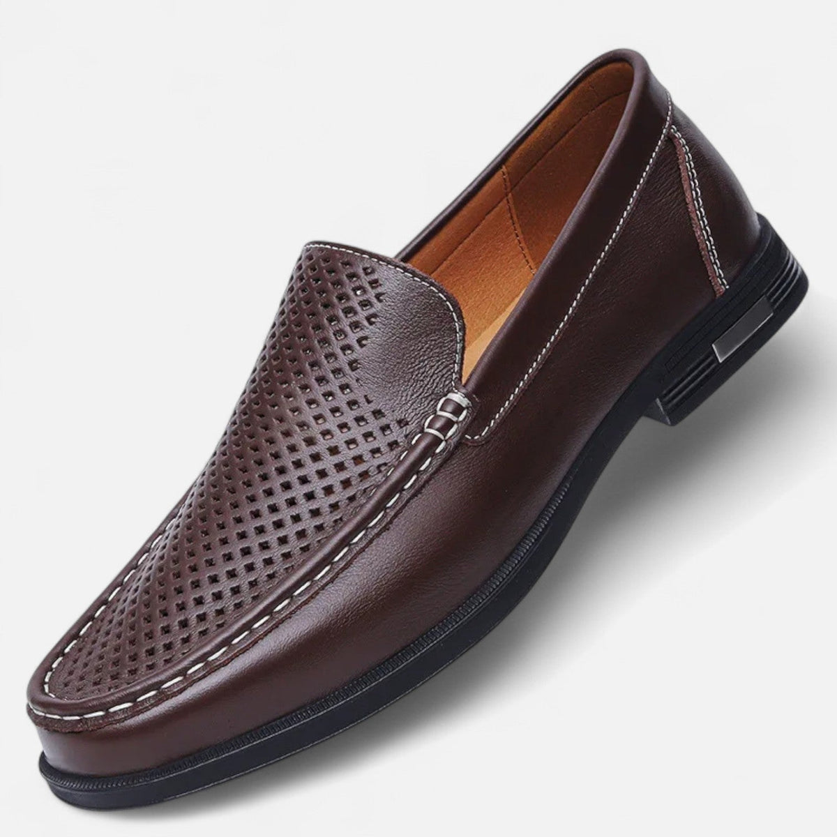 Men's Perforated Slip-On Loafers, Stitched Trim, Flat Sole