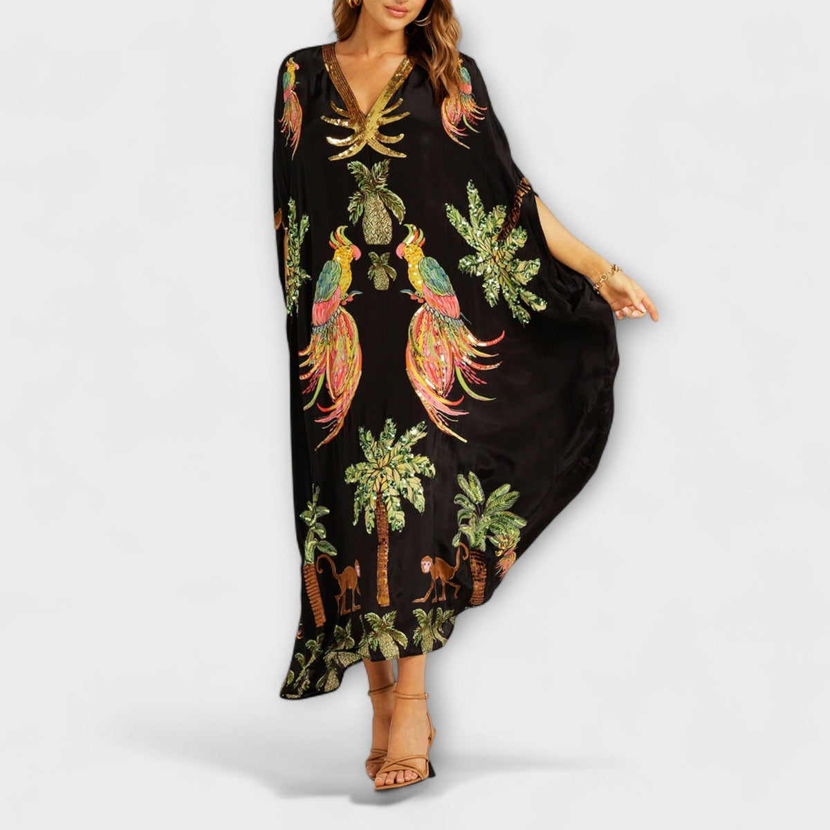Women's Tropical Print Maxi Dress – Asymmetrical Resort Long Dress