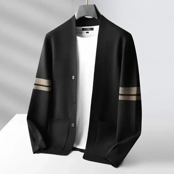 Giancarlo | Mens Merino Wool Blend Cardigan | Sleeve Stripes, Front Pockets | Light Green, Black, Brown and More S-2XL