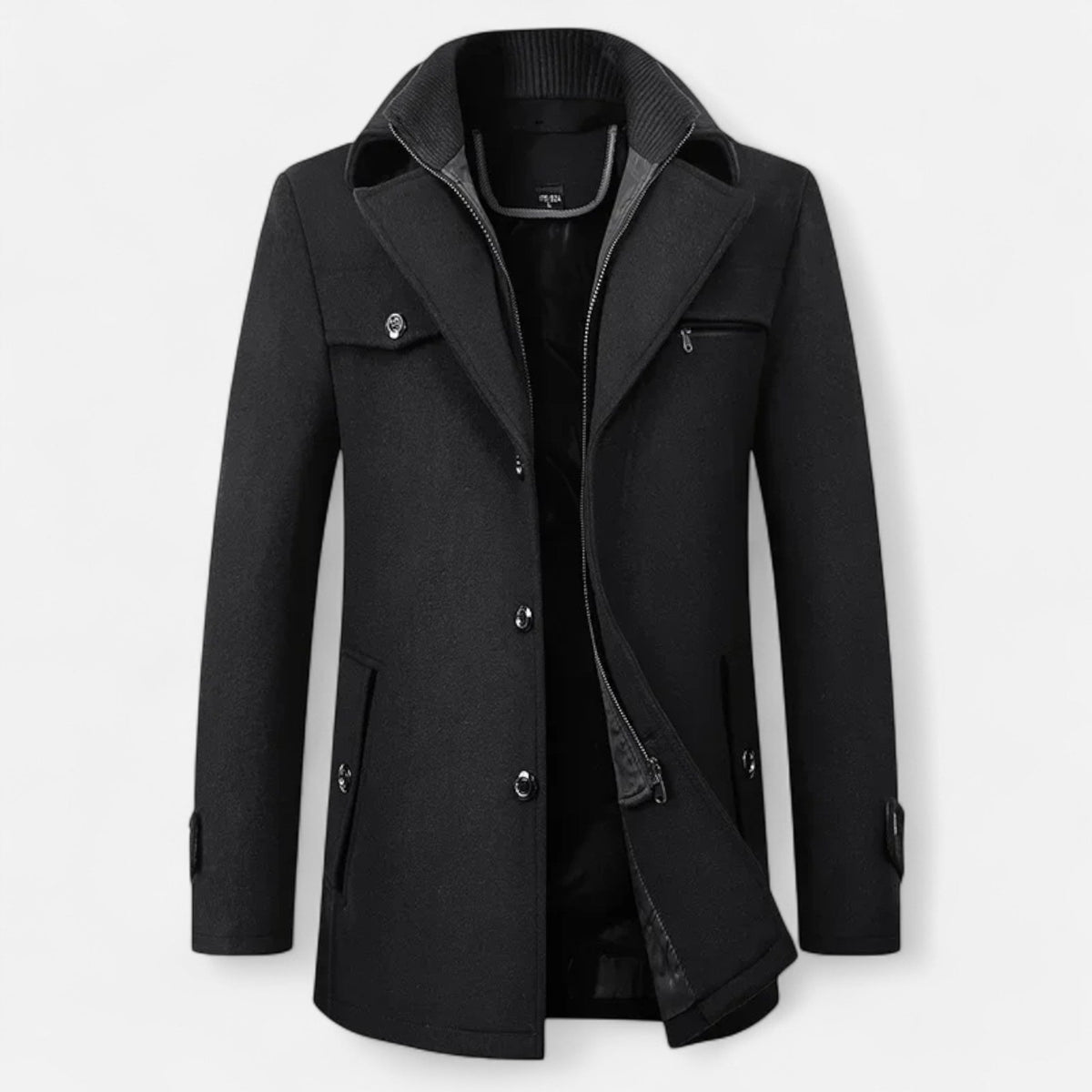 Men's Long Coat, Stand Collar, Zip And Button Front
