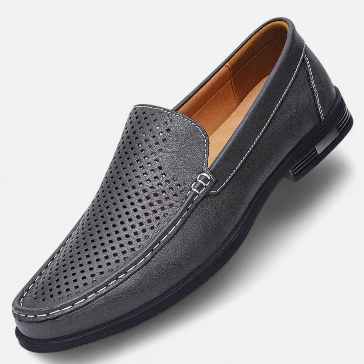 Men's Perforated Slip-On Loafers, Stitched Trim, Flat Sole