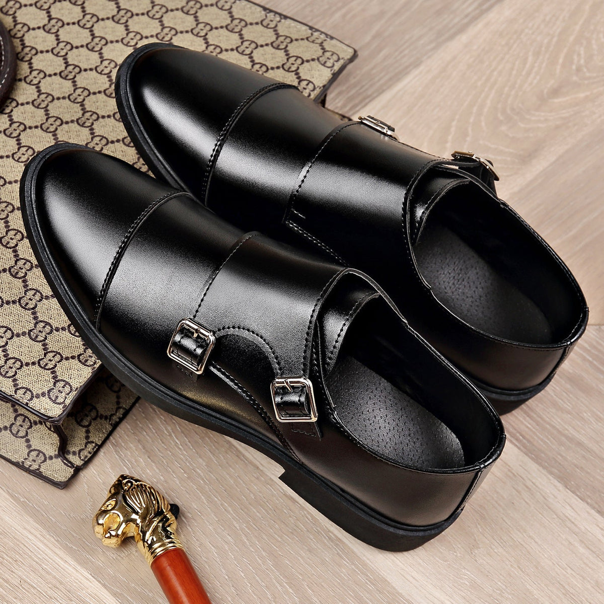 Men's Double Monk Strap Shoes, Almond Toe, Low Heel