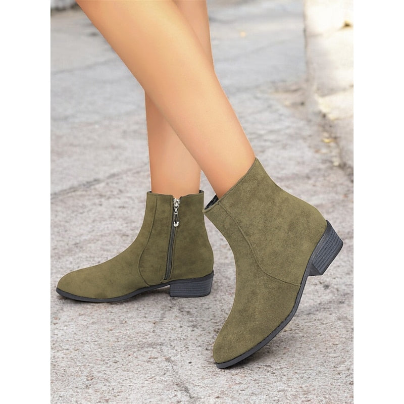 Women's Ankle Boots with Block Heel and Zip Closure | Size 6-10.5 | Brown, Green, Black