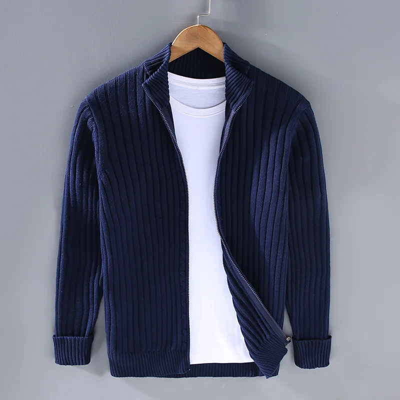 Men's Ribbed Zip Cardigan, Mock Collar, Long Sleeves